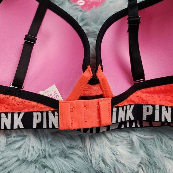 VS PINK Logo Orange Leopard Lace Push Up Bra 34 D - Picture 4 of 4